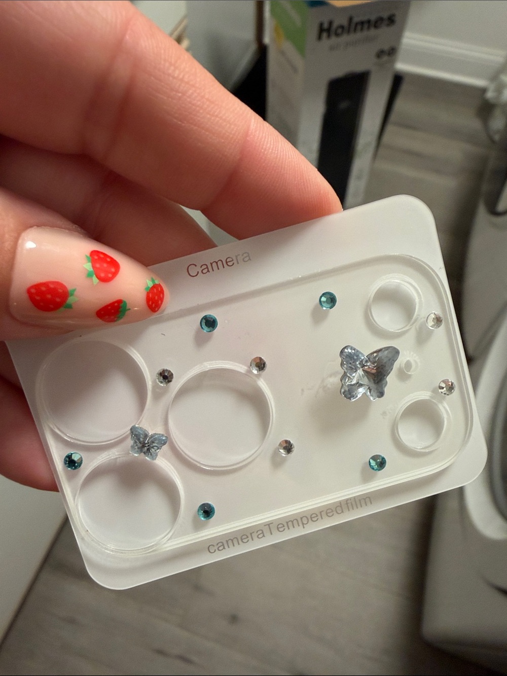 Clear Decorative Camera Lens Protector with Blue Rhinestones
